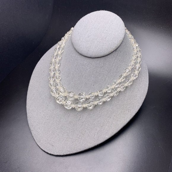 Marvella Clear Glass Bead Necklace Double Strand Faceted Beaded Collar Vintage - Picture 4 of 11